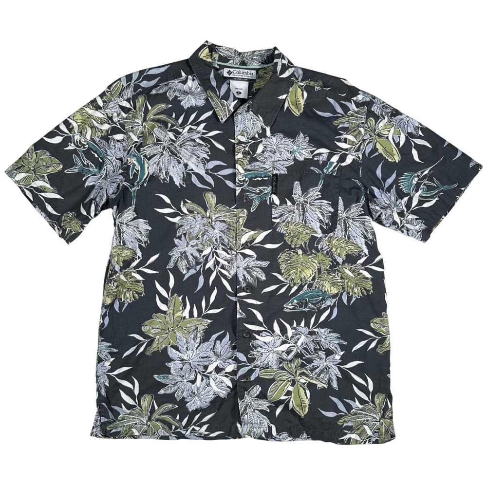 Vintage Columbia Button Down Shirt Mens M Tropical Floral Hawaiian Dark Gray